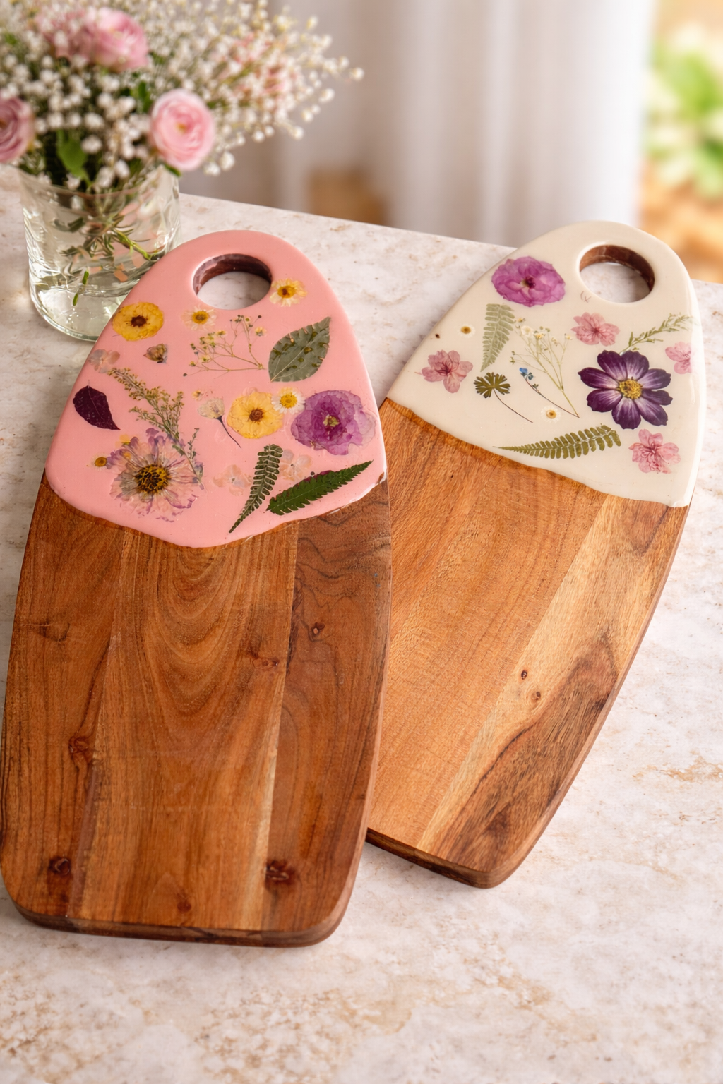 Pink Floral Resin Charcuterie Board – 9” x 20”