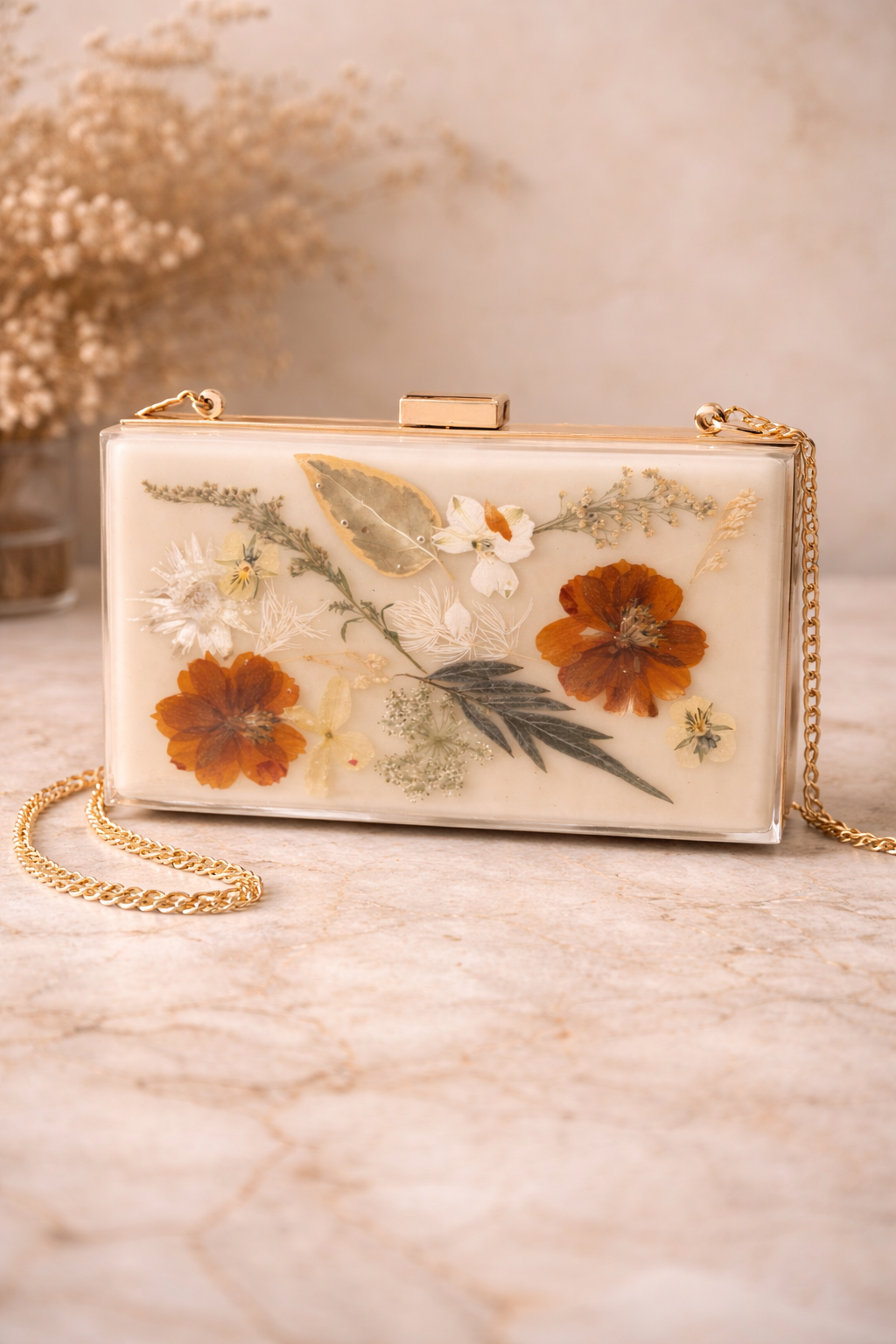 Real Flower Resin Clutch Bag – Warm Tones Evening Purse with Chain Strap for Women