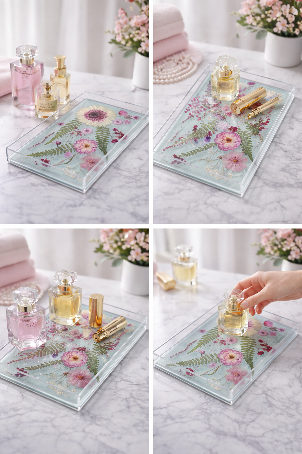 Real Flower Resin Vanity Tray – Acrylic Makeup Organizer with Pressed Flowers (9.65 x 5.9 in)
