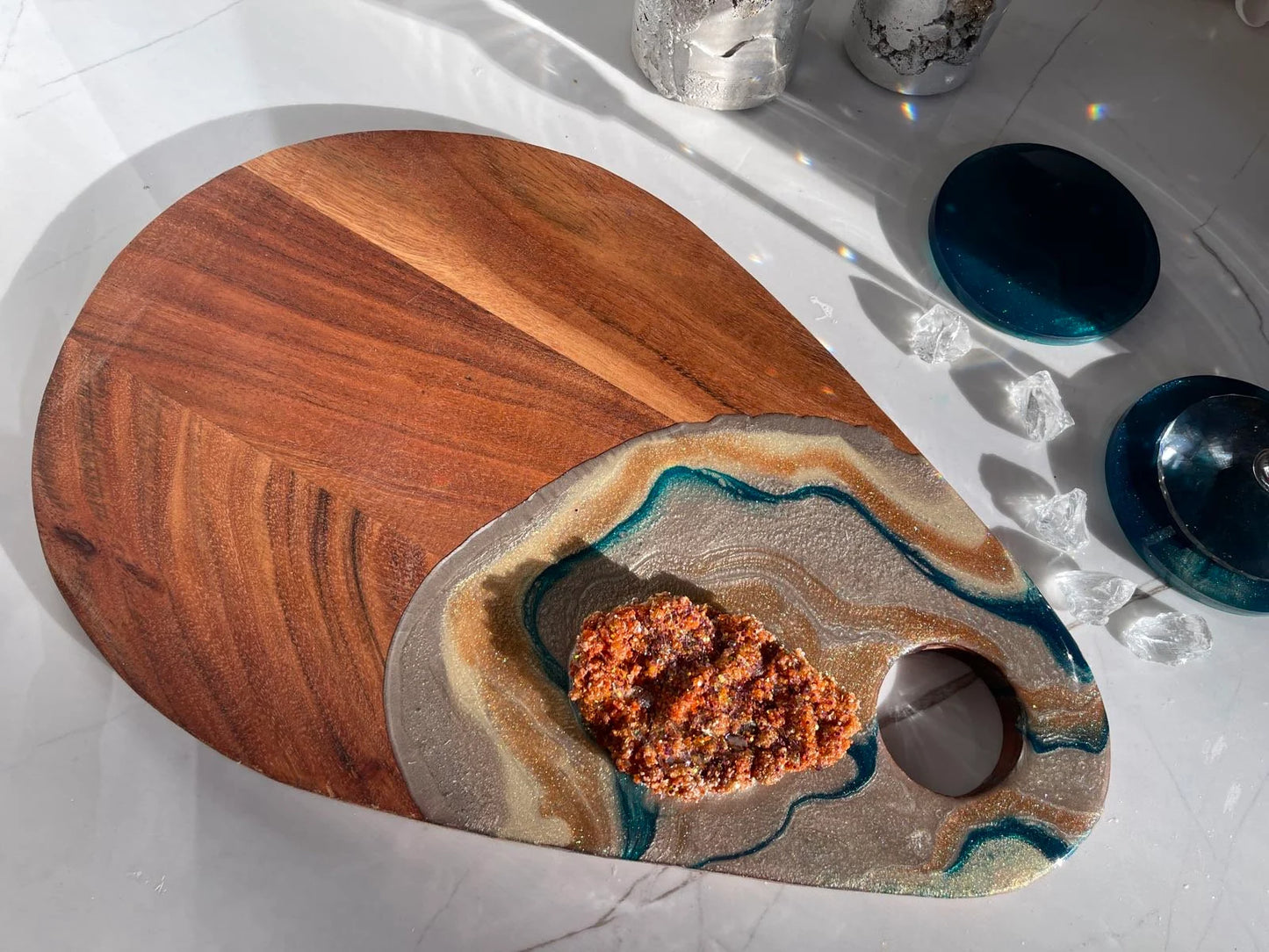 Gold and Teal Color Cheeseboard with Two Round Matching Coaster