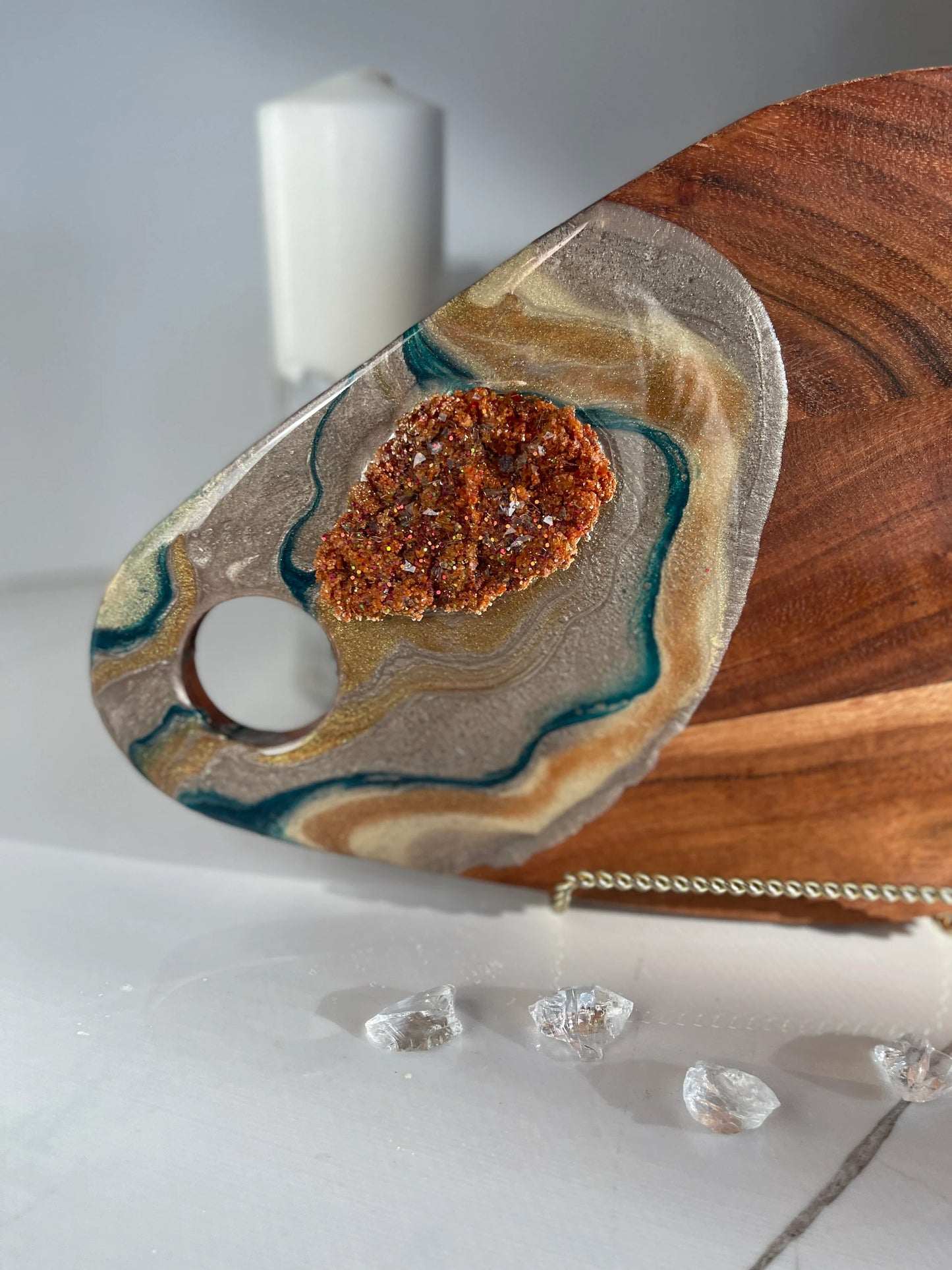 Gold and Teal Color Cheeseboard with Two Round Matching Coaster