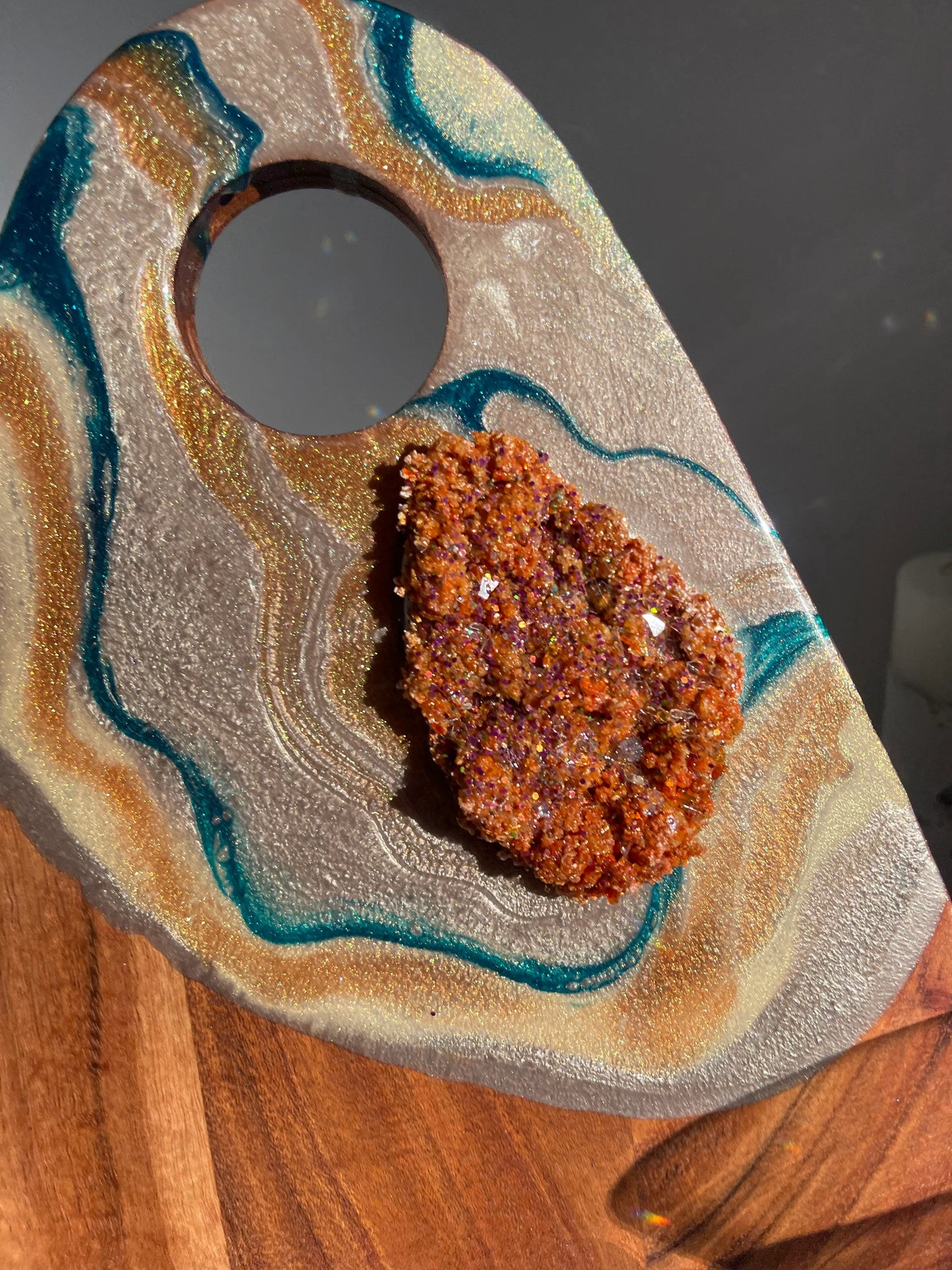 Gold and Teal Color Cheeseboard with Two Round Matching Coaster