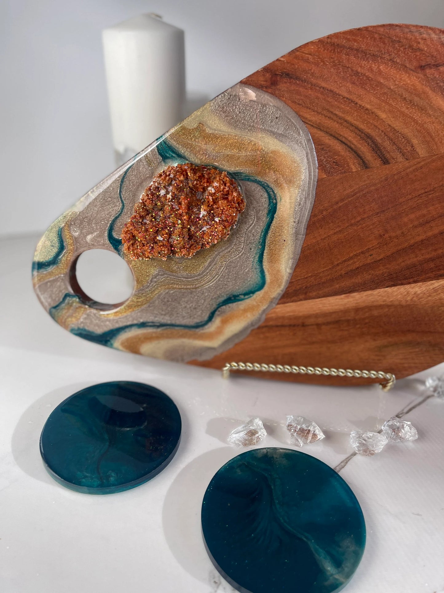 Gold and Teal Color Cheeseboard with Two Round Matching Coaster