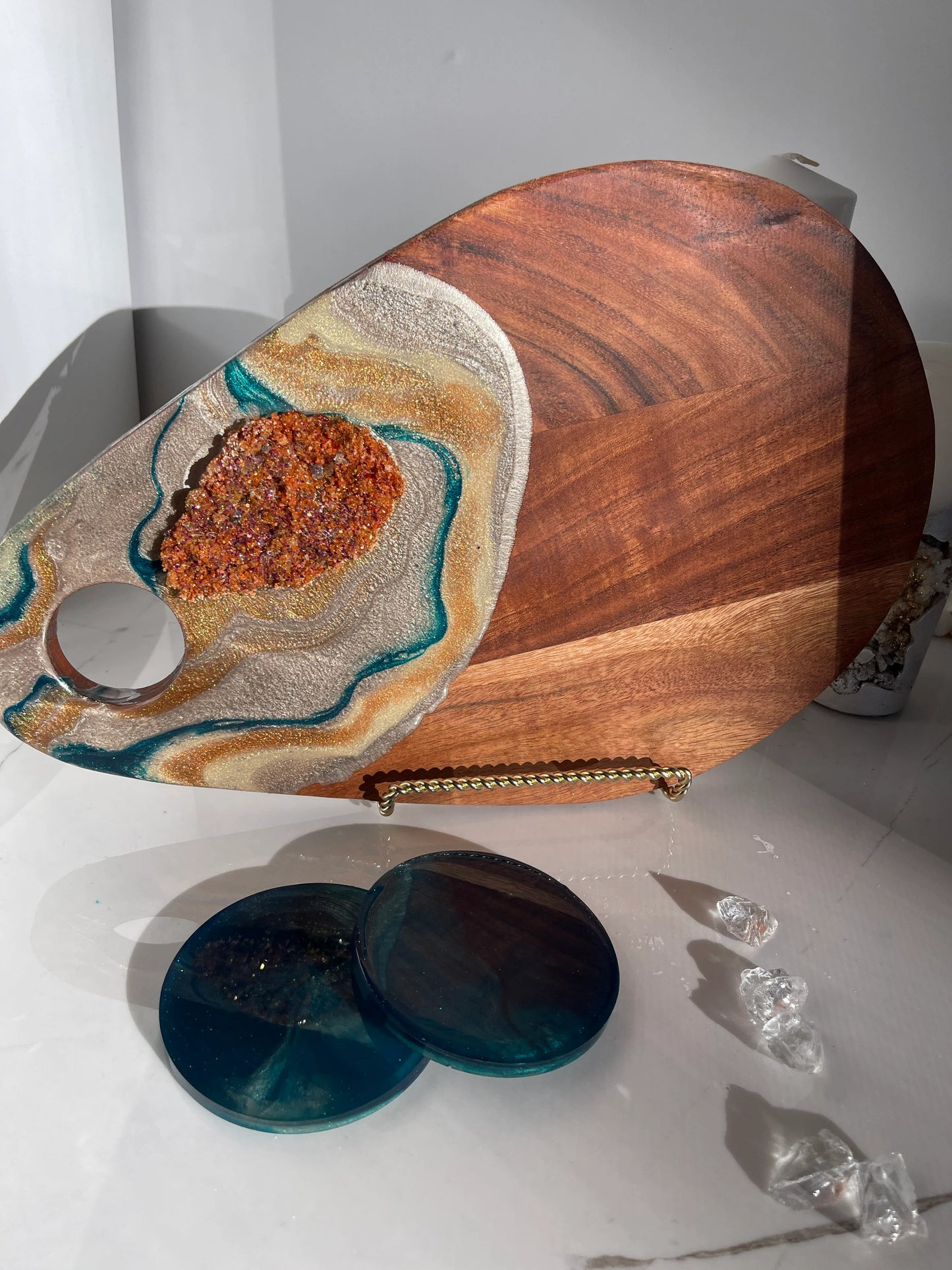 Gold and Teal Color Cheeseboard with Two Round Matching Coaster