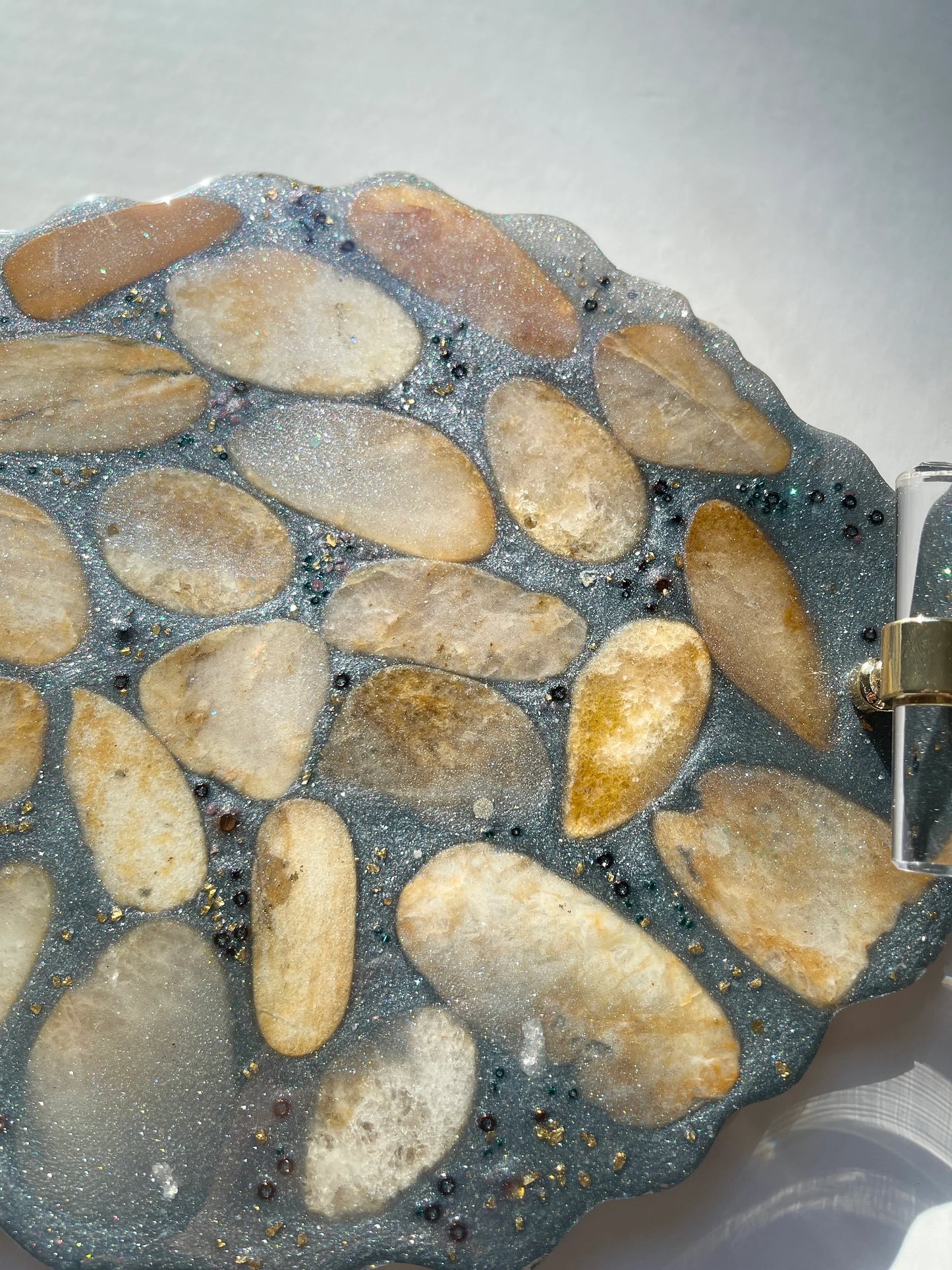 Metallic Silver With Natural Stone Decorative Tray Gold Clear Handles