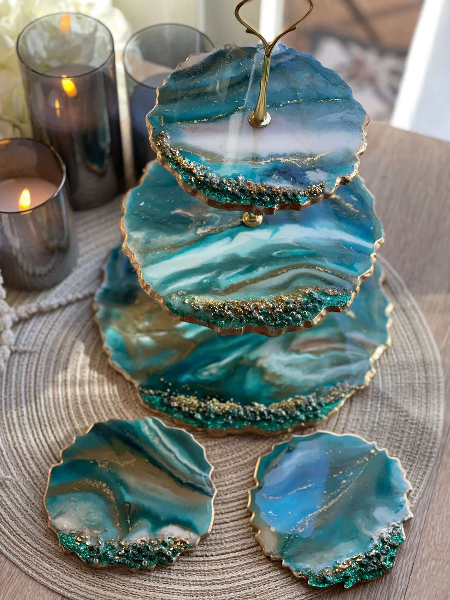 Teal Green & Bronze 3 Tier Round Stand / 2 Coasters / Gift set !!