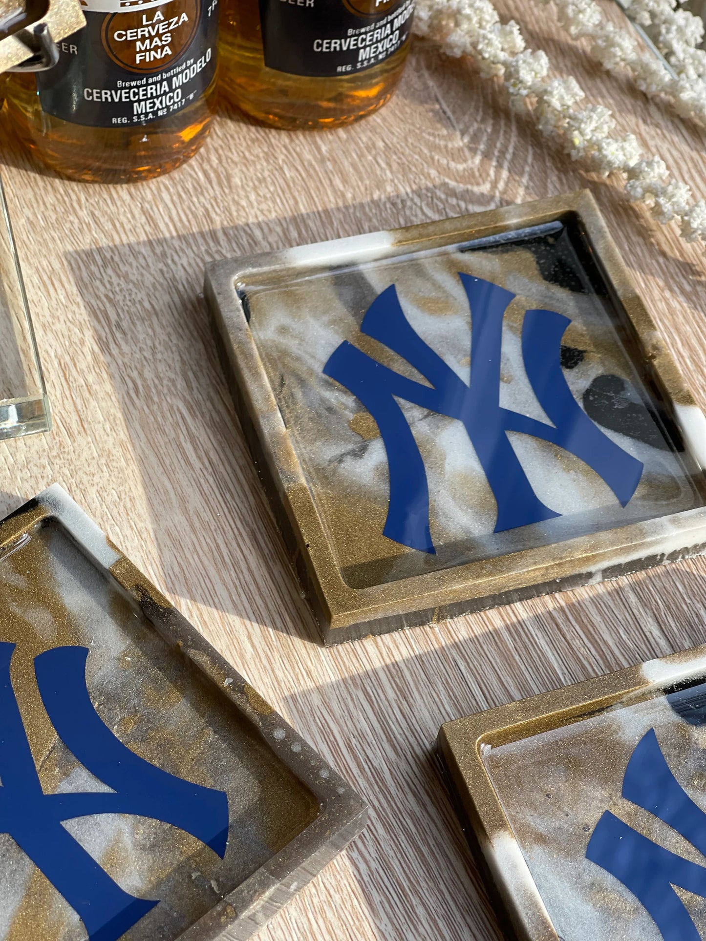Sports Coasters, New York Yankee's Fan Dream!!! One of a Kind Set of 4 Yankee's Coasters with Beautiful Marble Design