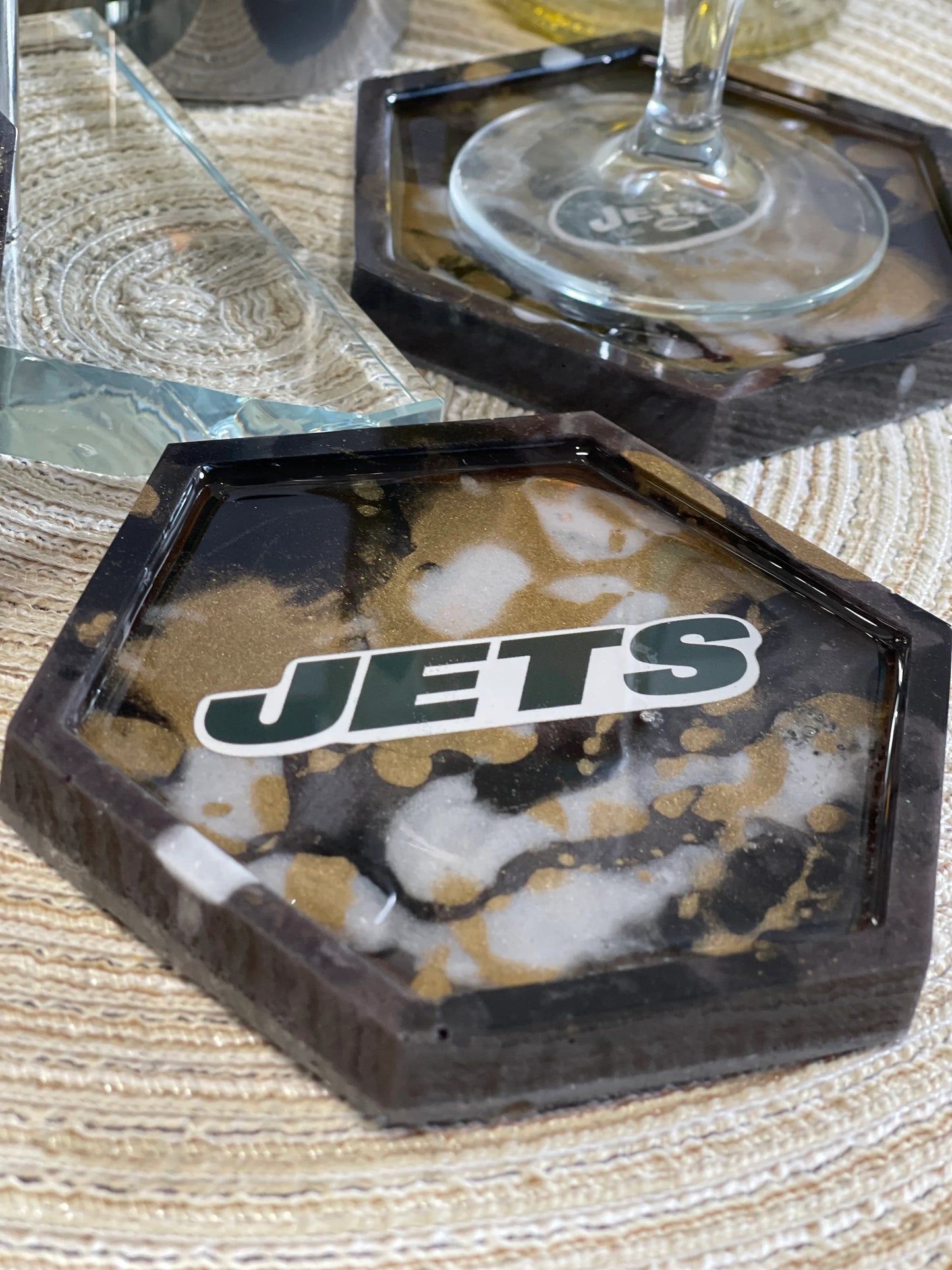 Sports Coasters Jet's Fan Dream!!! One of a Kind Set of 4 Jets Coasters with a Beautiful Brown Gold Marble Design