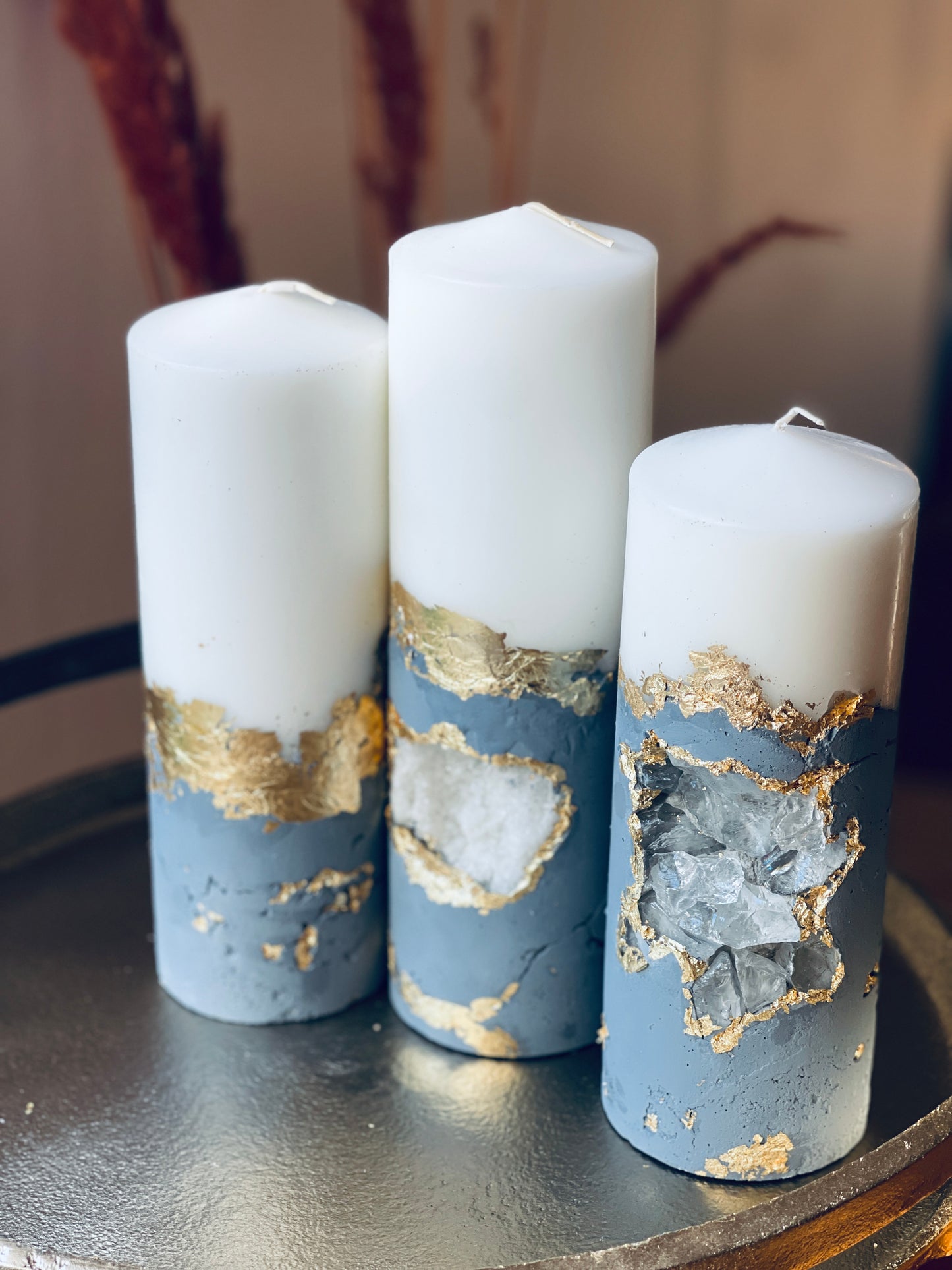 Luxury Crystal Gray and Gold with Crystals Concrete Pillar Candles Set