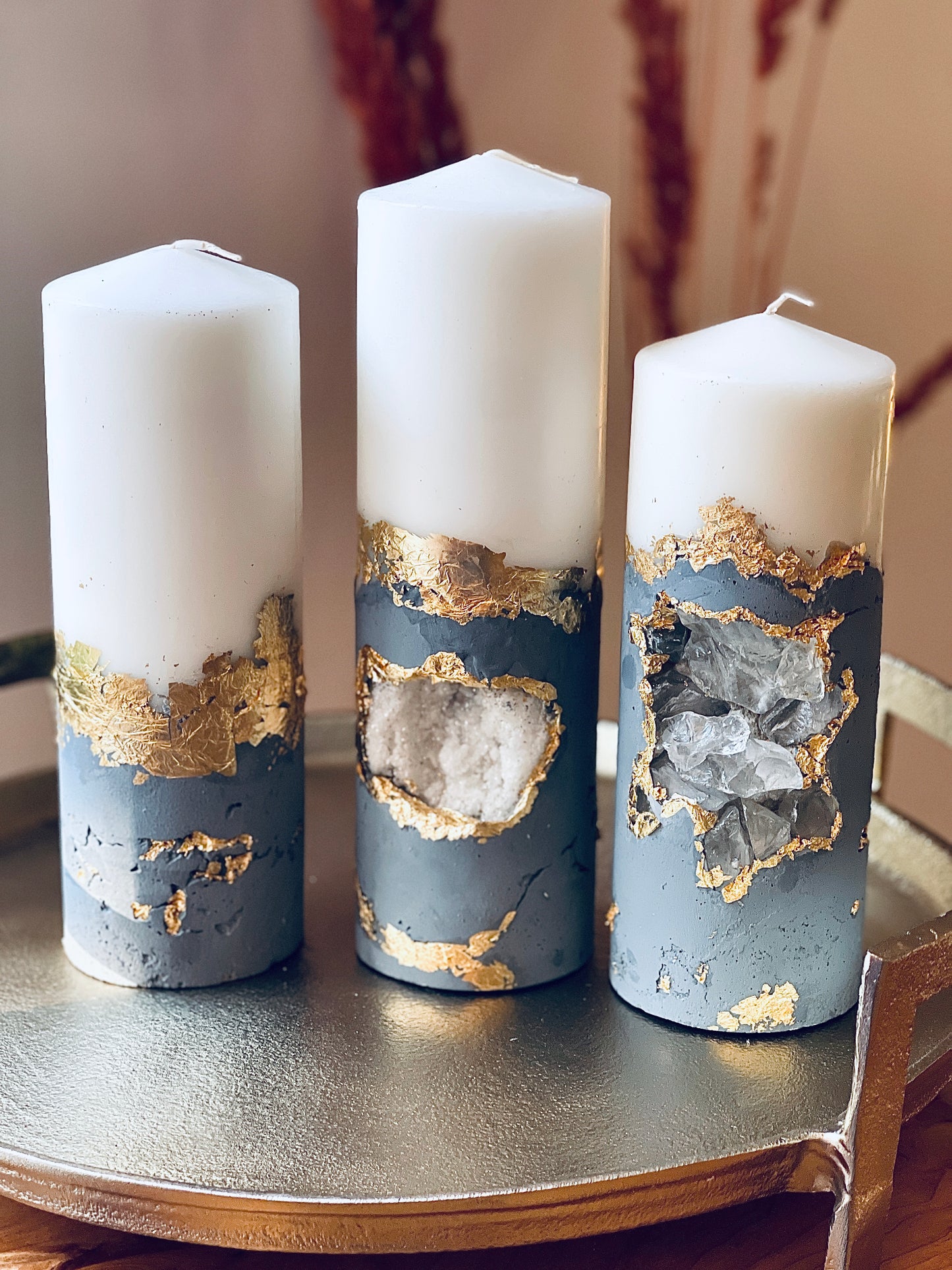 Luxury Crystal Gray and Gold with Crystals Concrete Pillar Candles Set