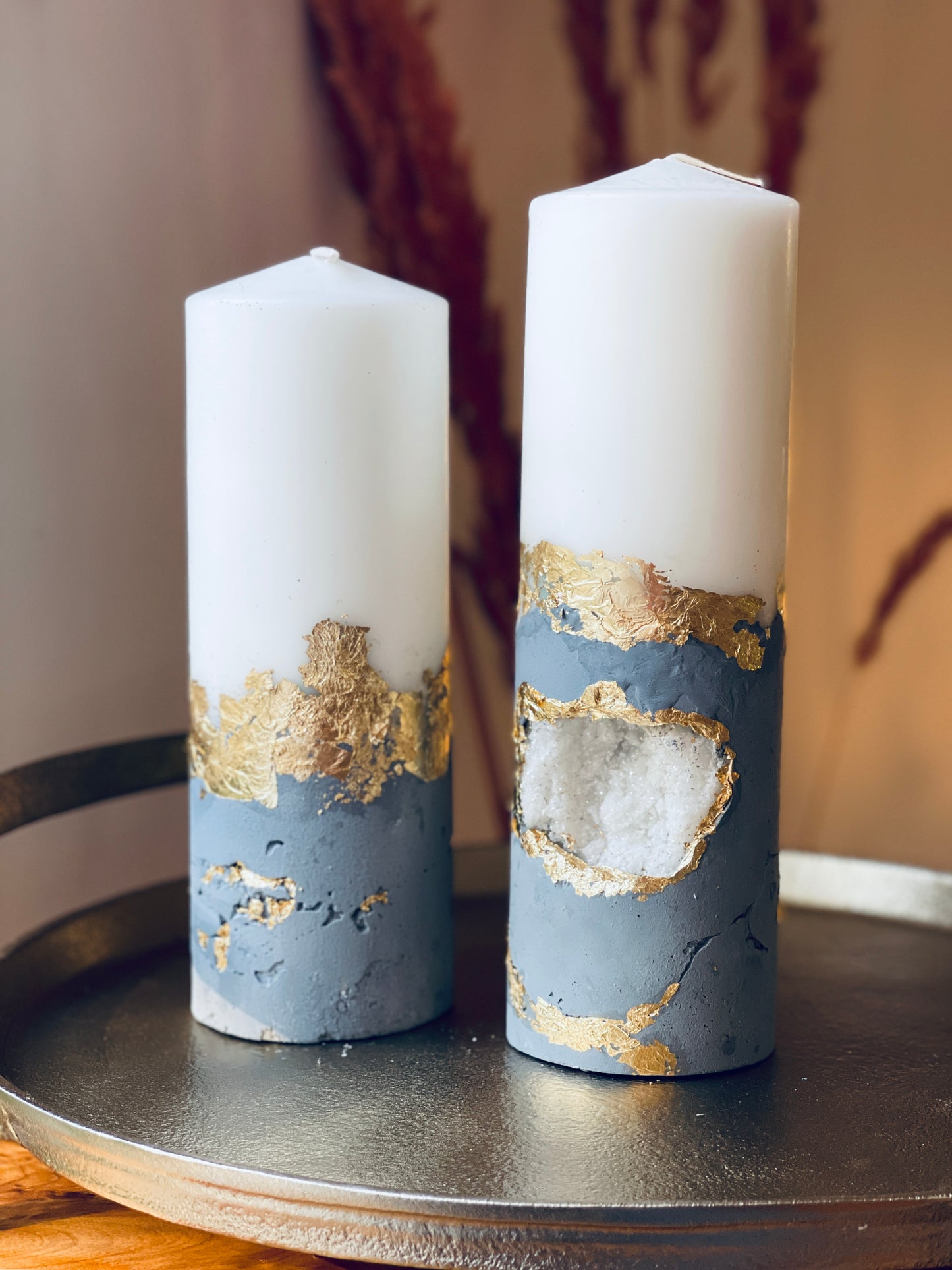 Luxury Crystal Gray and Gold with Crystals Concrete Pillar Candles Set