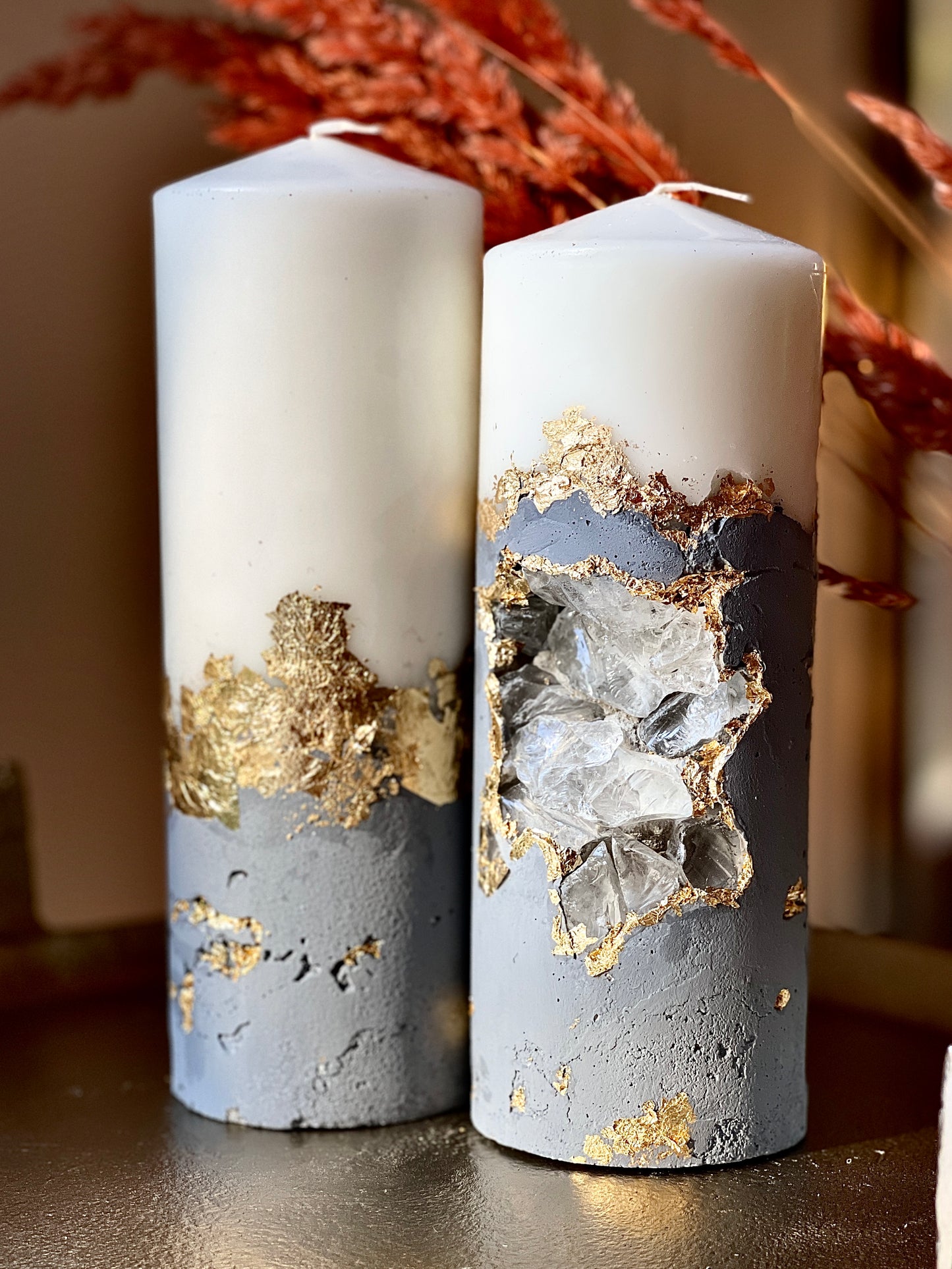 Luxury Crystal Gray and Gold with Crystals Concrete Pillar Candles Set
