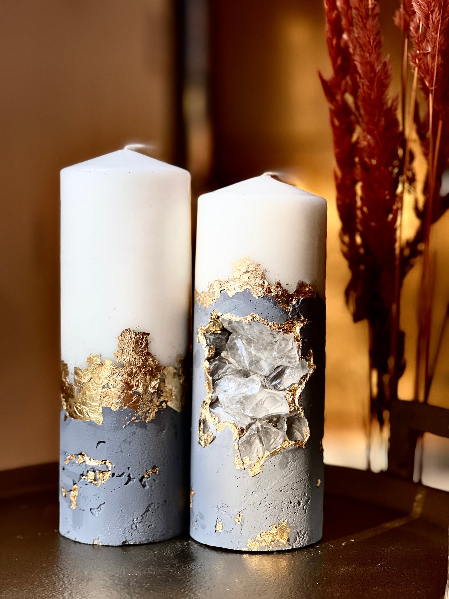 Luxury Crystal Gray and Gold with Crystals Concrete Pillar Candles Set