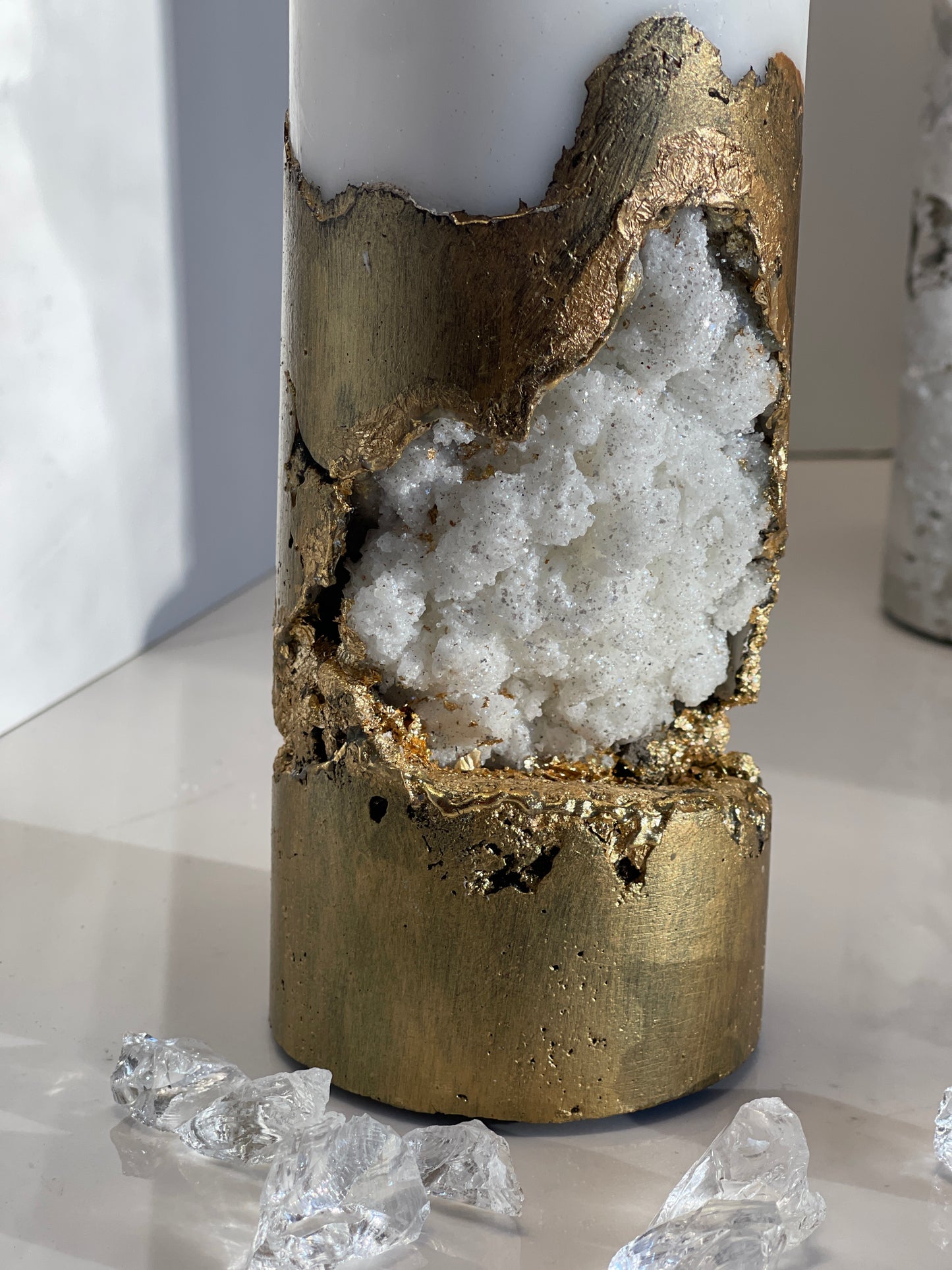 Luxury Crystal Rustic Gold with Crystals Concrete Pillar Candle
