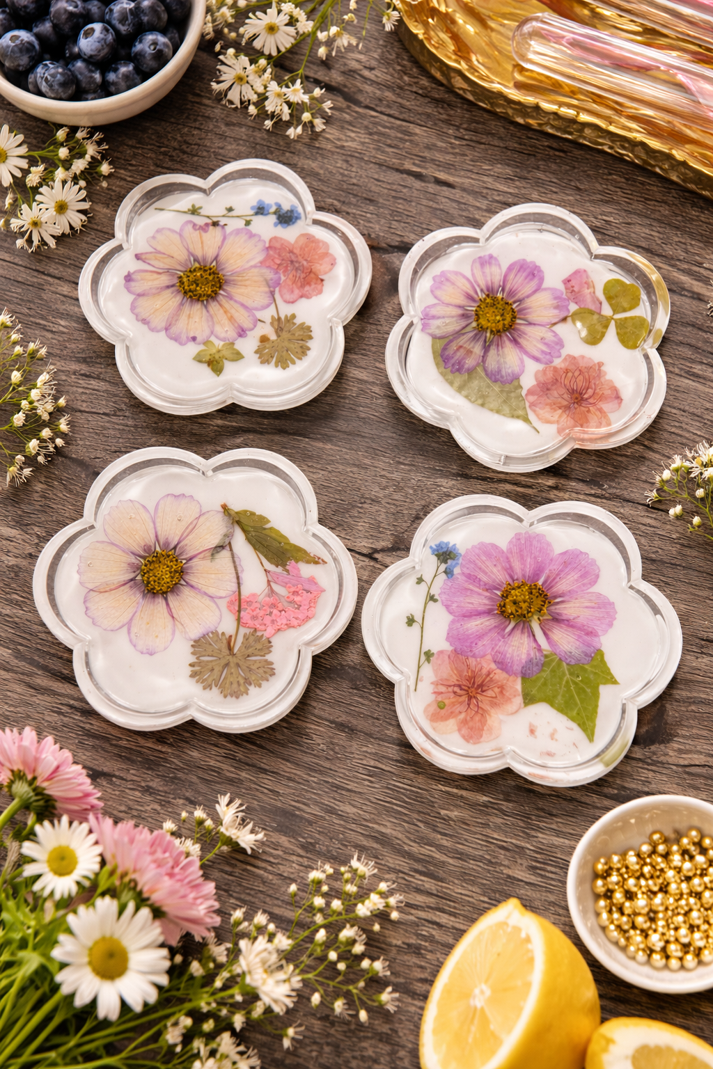 Real Flower Resin Coasters – Soft Pink Handmade Floral Drink Coasters, Flower Shaped Set (4.84 x 4.53 in)