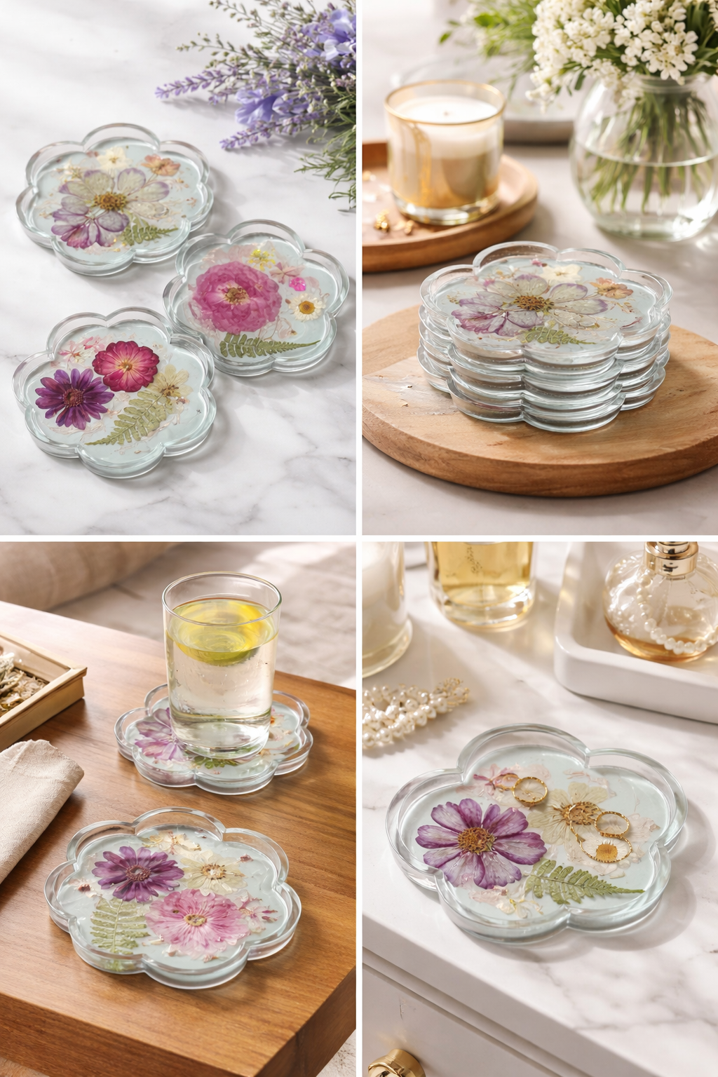 Real Flower Resin Coasters – Handmade Floral Drink Coasters, Flower Shaped Set (4.84 x 4.53 in)