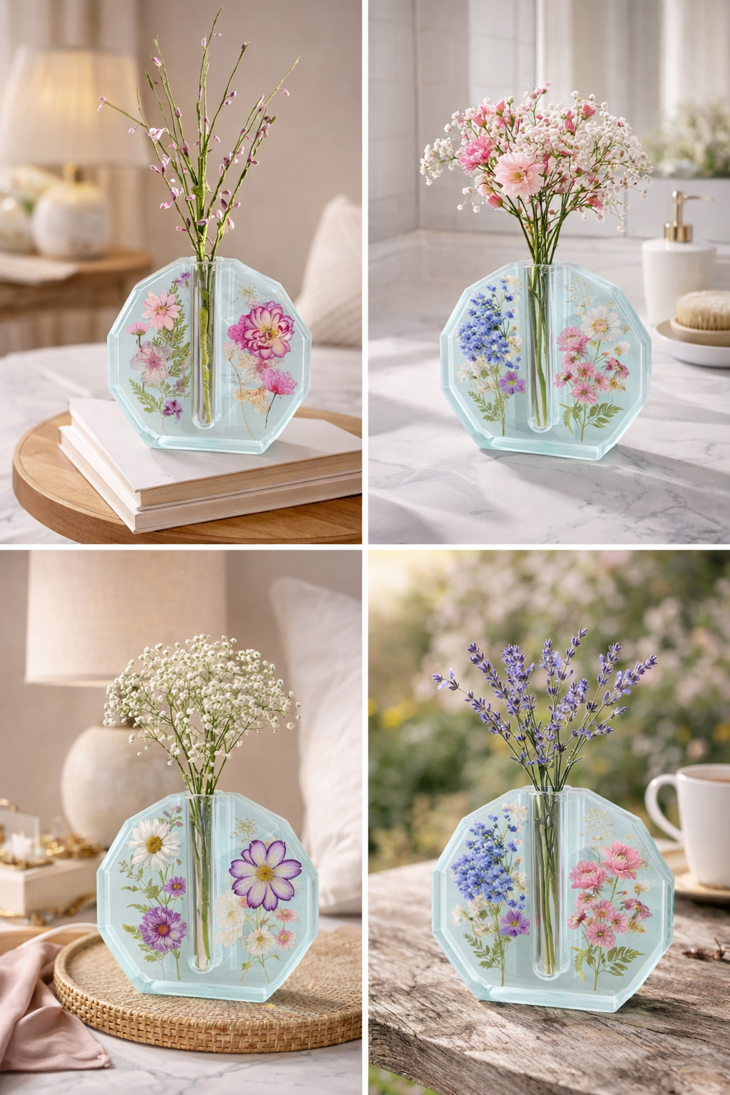 Tube Flower Vase – Soft Aqua Modern Polygon Glass Plant Vase (6.7 x 6.4 in)