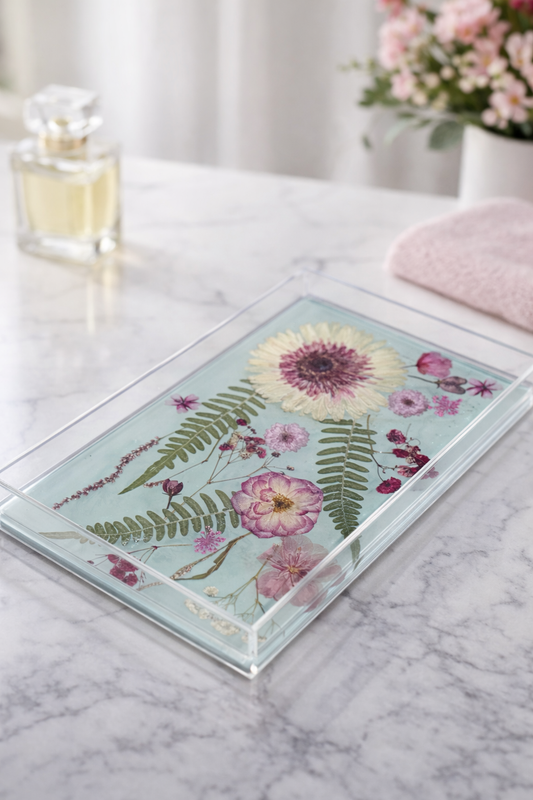 Real Flower Resin Vanity Tray – Acrylic Makeup Organizer with Pressed Flowers (9.65 x 5.9 in)