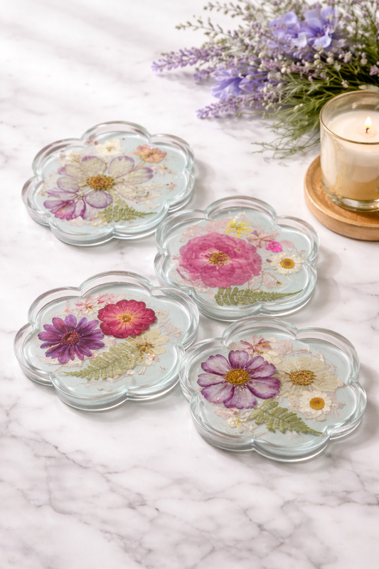Real Flower Resin Coasters – Handmade Floral Drink Coasters, Flower Shaped Set (4.84 x 4.53 in)