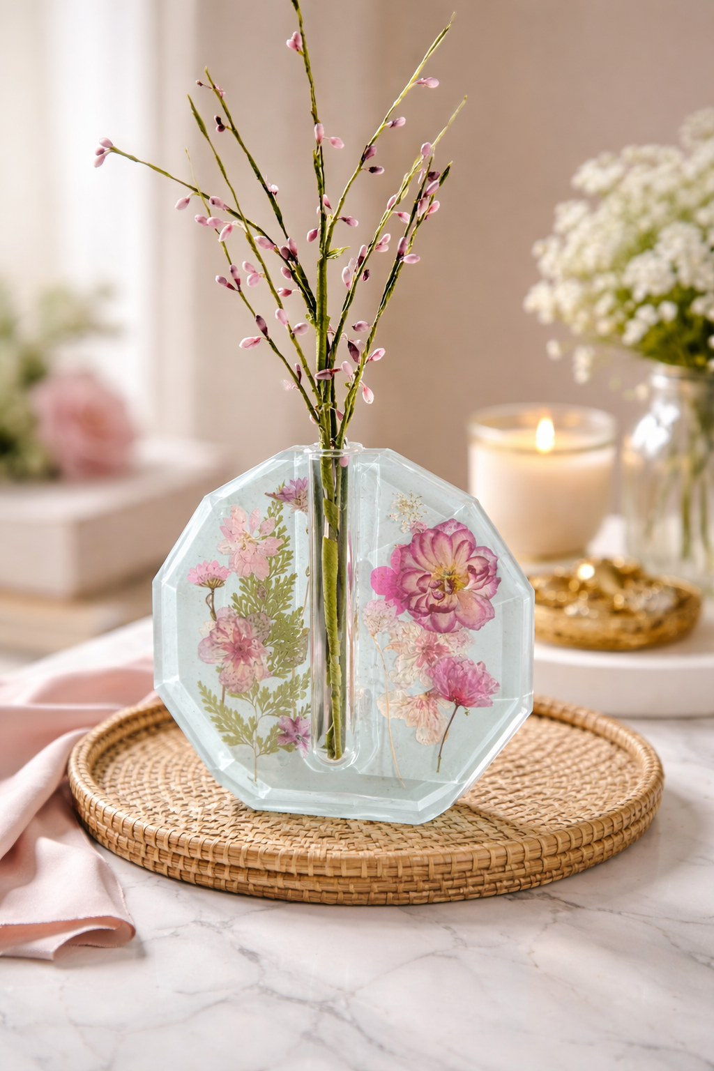 Tube Flower Vase – Soft Aqua Modern Polygon Glass Plant Vase (6.7 x 6.4 in)