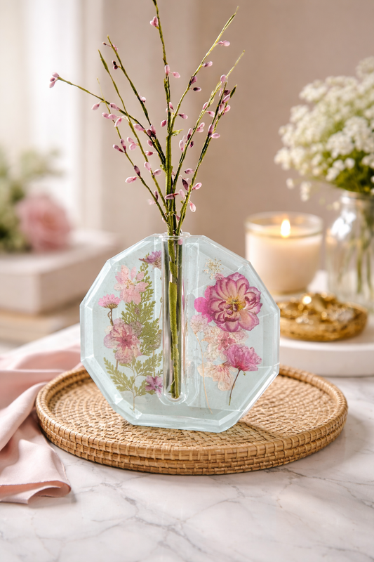 Tube Flower Vase – Soft Aqua Modern Polygon Glass Plant Vase (6.7 x 6.4 in)