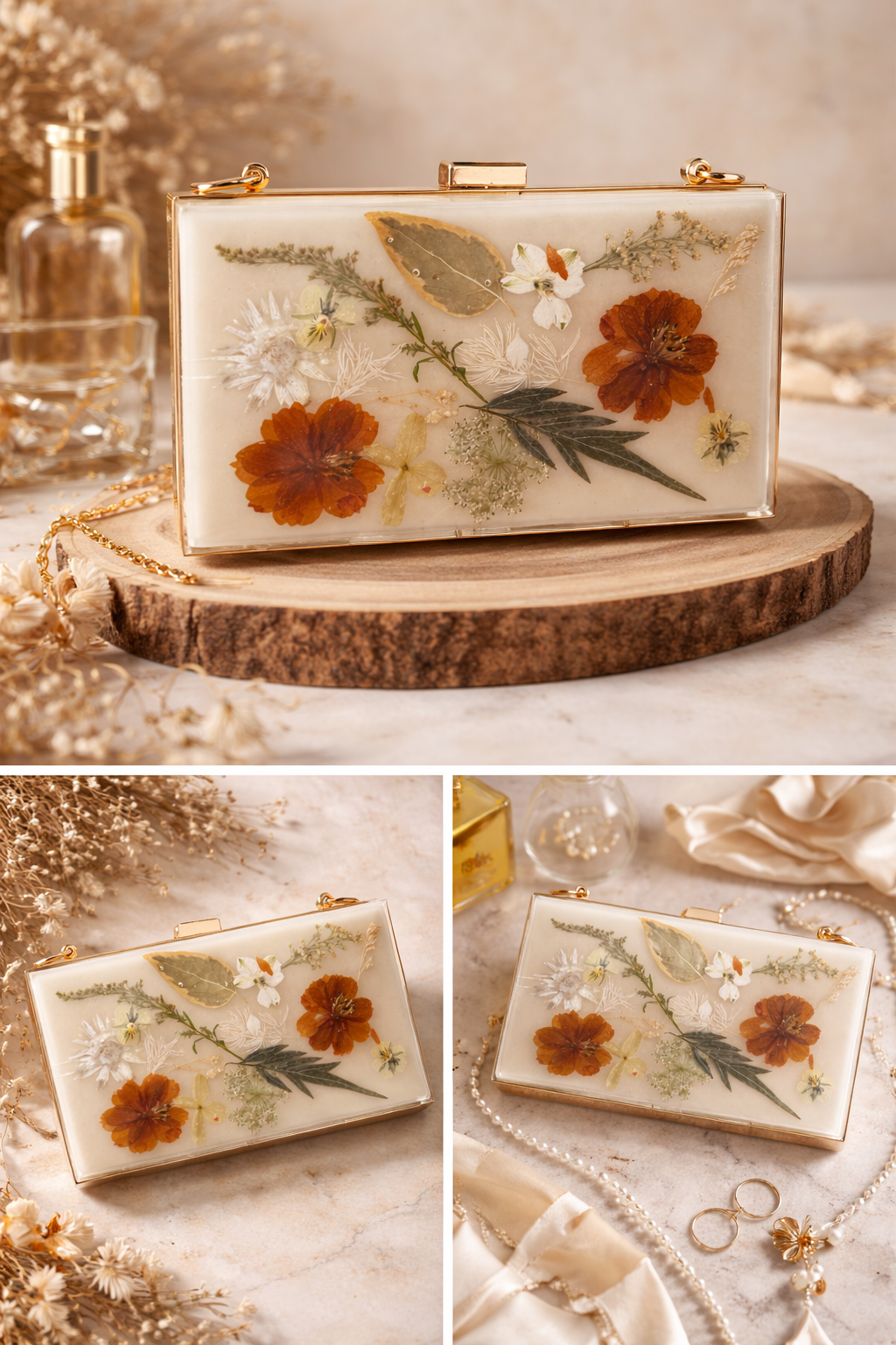 Real Flower Resin Clutch Bag – Warm Tones Evening Purse with Chain Strap for Women