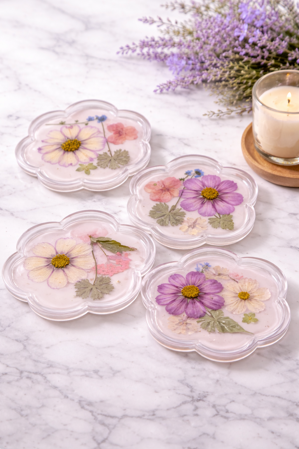 Real Flower Resin Coasters – Soft Pink Handmade Floral Drink Coasters, Flower Shaped Set (4.84 x 4.53 in)