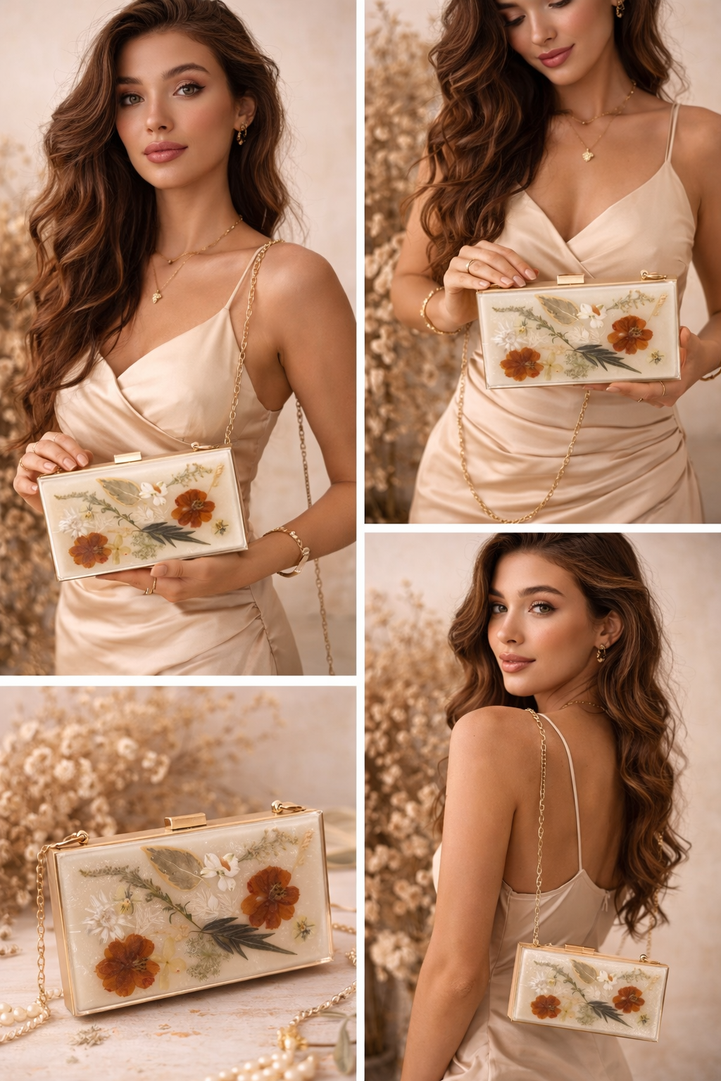 Real Flower Resin Clutch Bag – Warm Tones Evening Purse with Chain Strap for Women