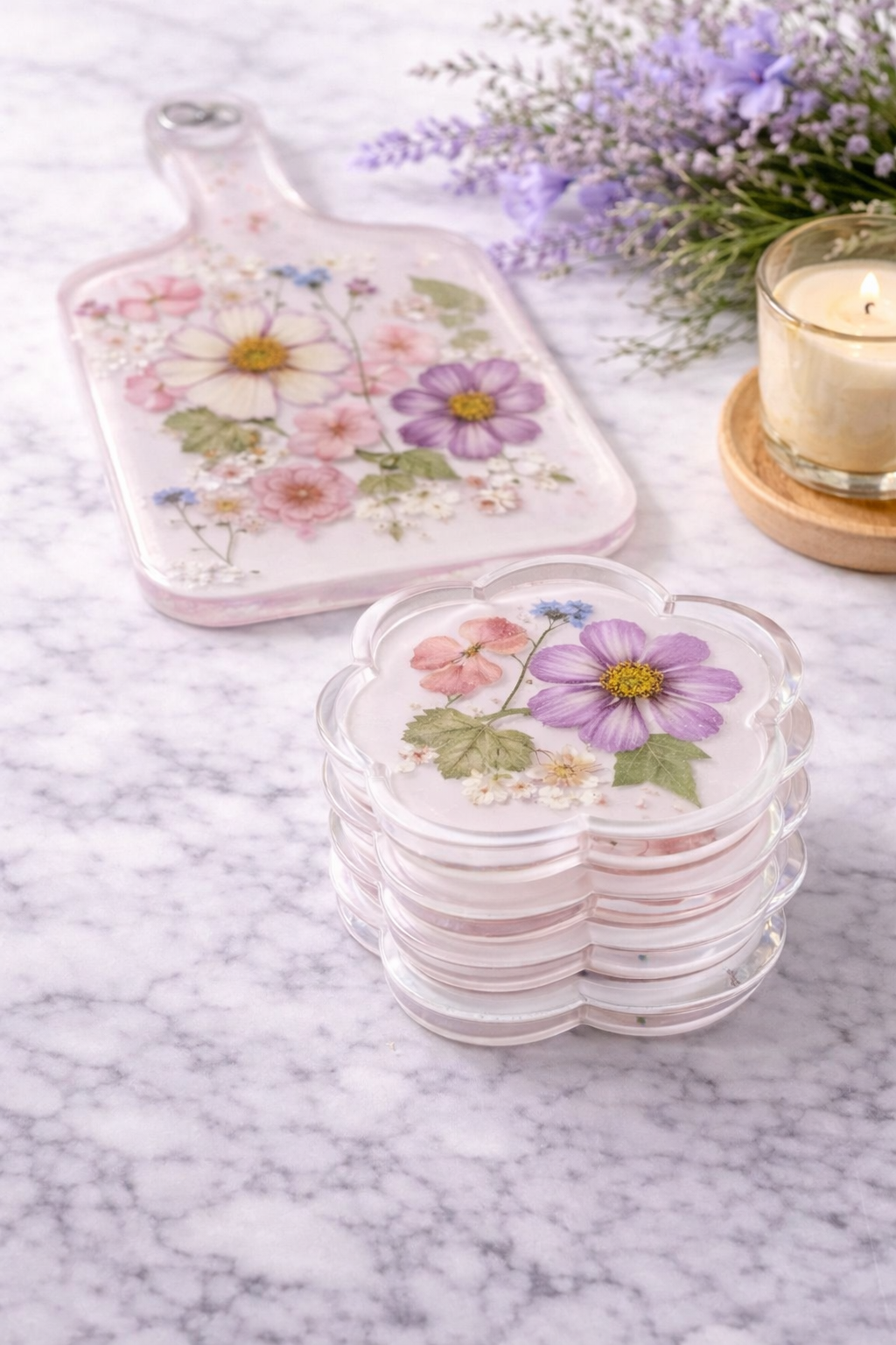 Real Flower Resin Coasters – Soft Pink Handmade Floral Drink Coasters, Flower Shaped Set (4.84 x 4.53 in)