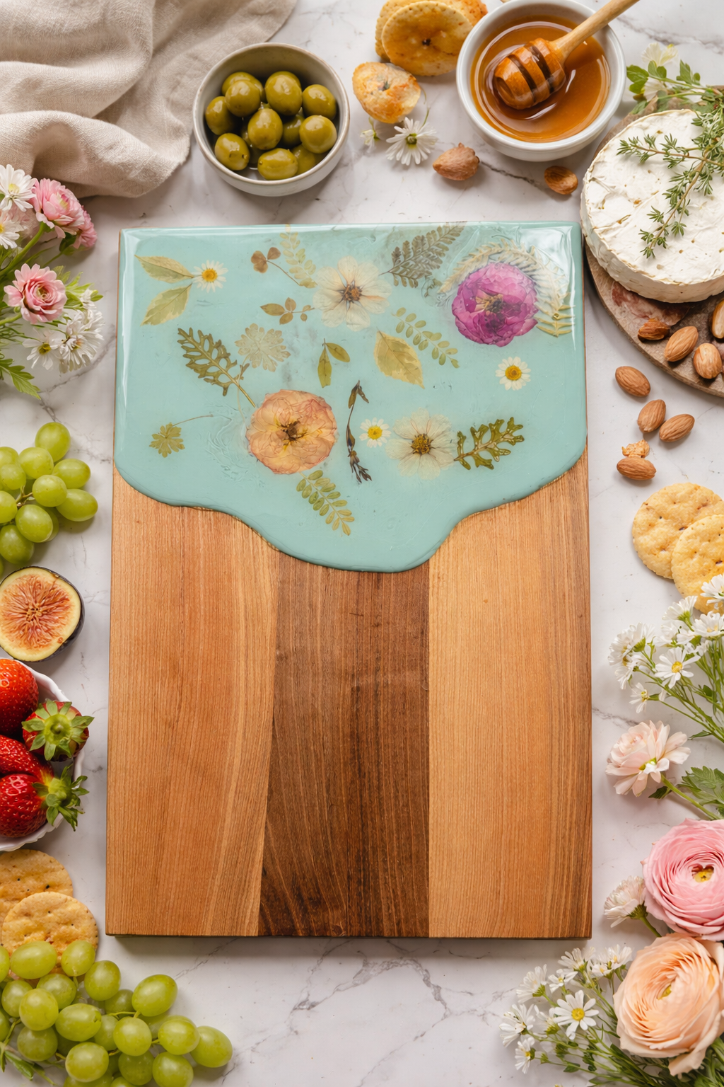 Mint Floral Resin Charcuterie Board – 12” x 18”