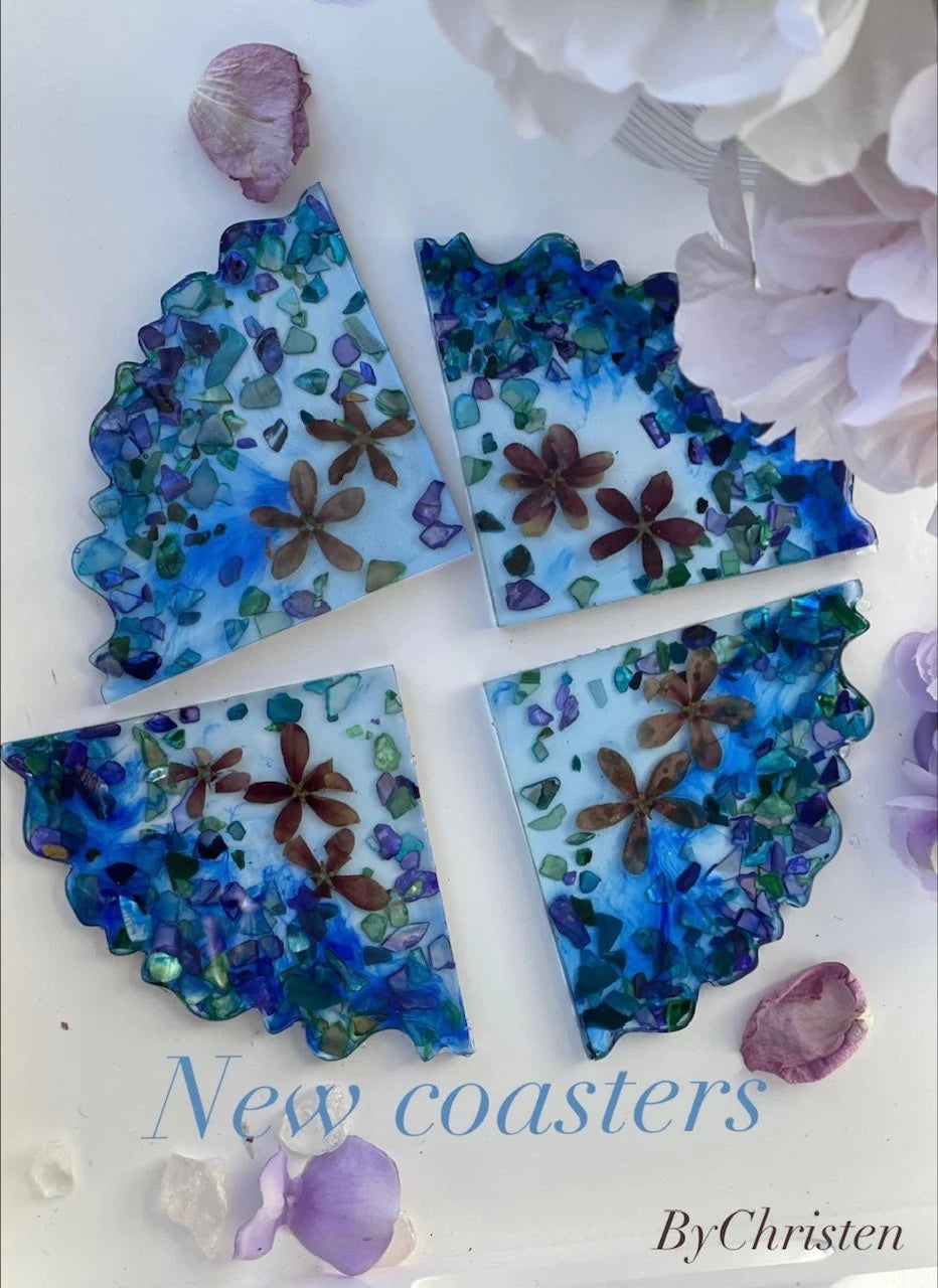 Beautiful Real Pressed Flowers with Seashells Geode Shape Coasters