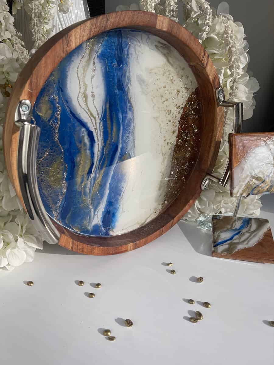 Beautiful Blue Round Wooden Tray with Two Matching Coasters