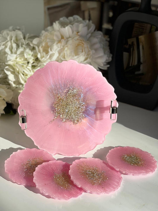 Pink Round Geode Shape Coasters and Tray Set