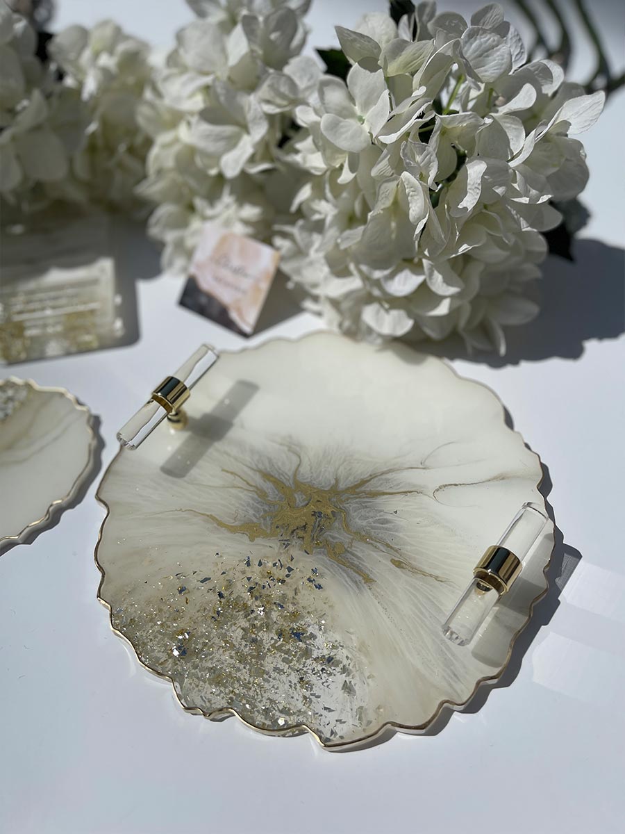 White and Gold Marble Geode Design Tray Set