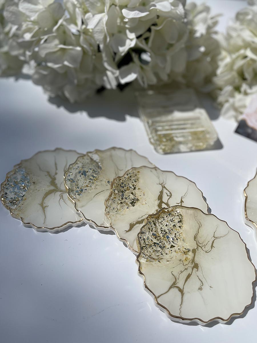 White and Gold Marble Geode Design Tray Set