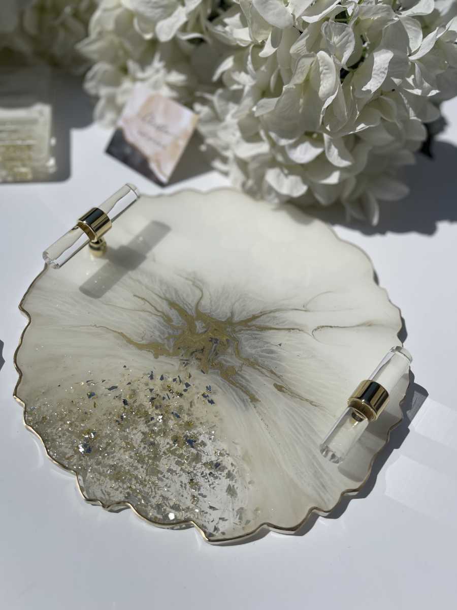 White and Gold Marble Geode Design Tray Set