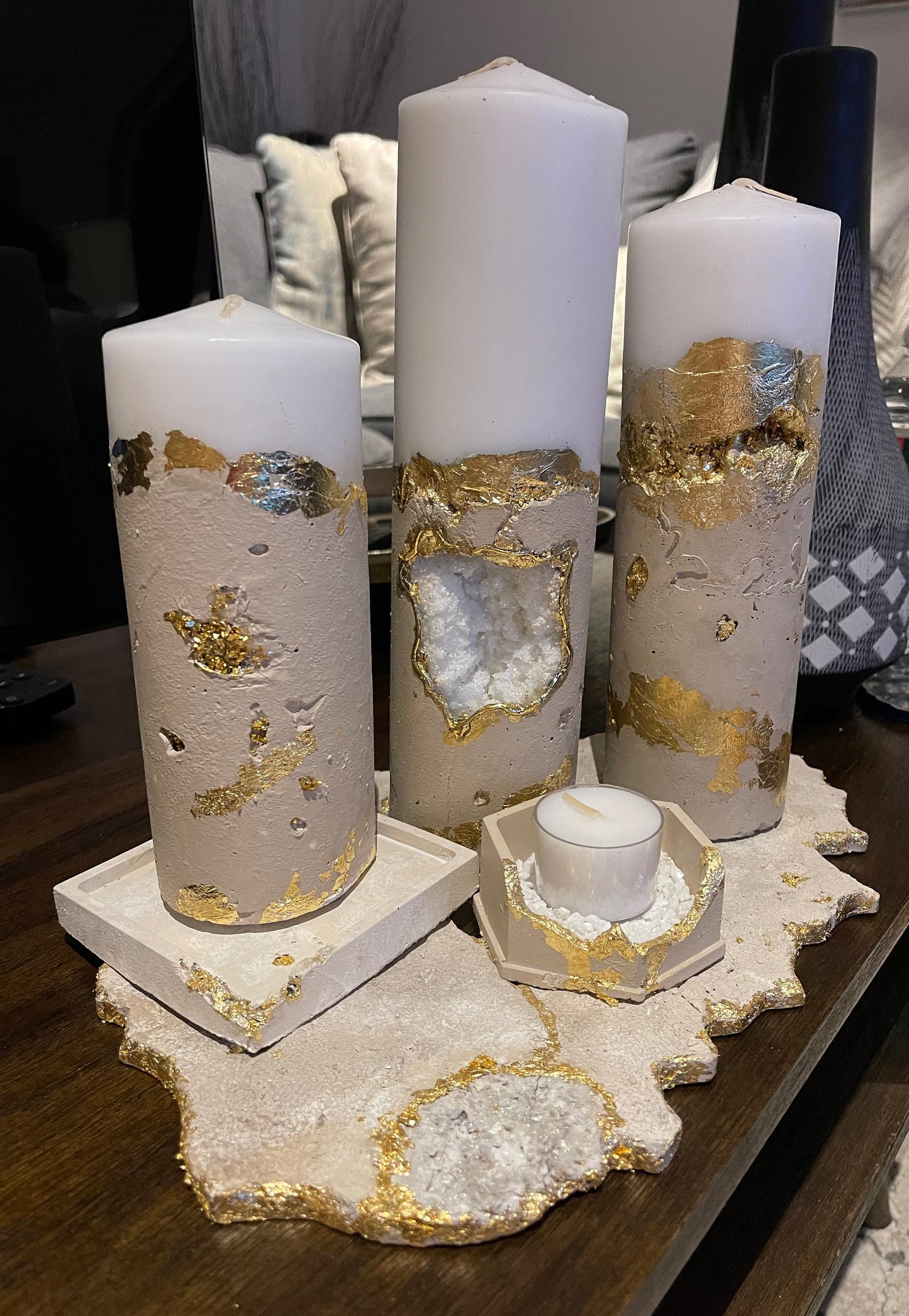 Luxury Nude and Gold Concrete pillar Candles Set