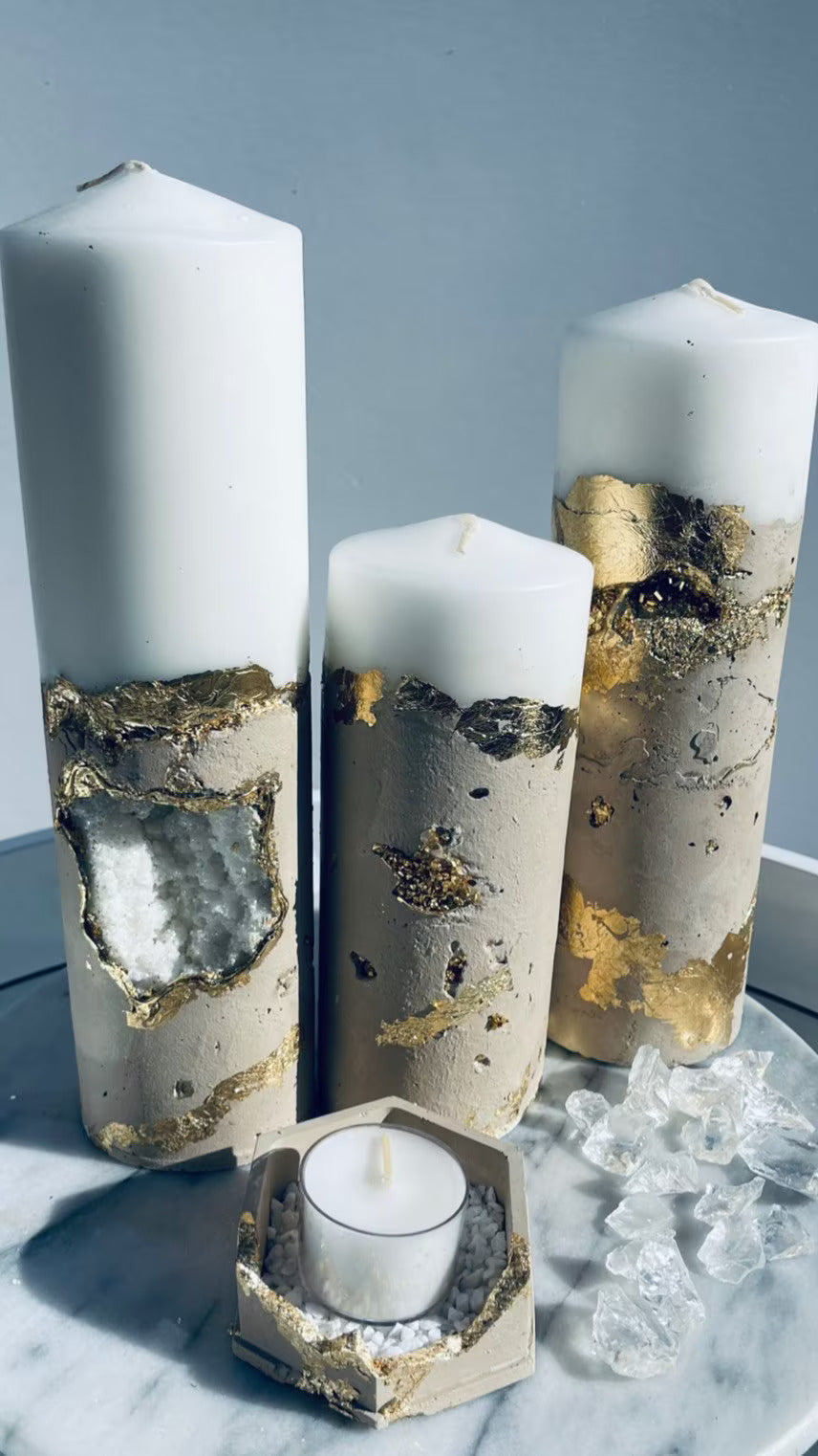 Luxury Nude and Gold Concrete pillar Candles Set