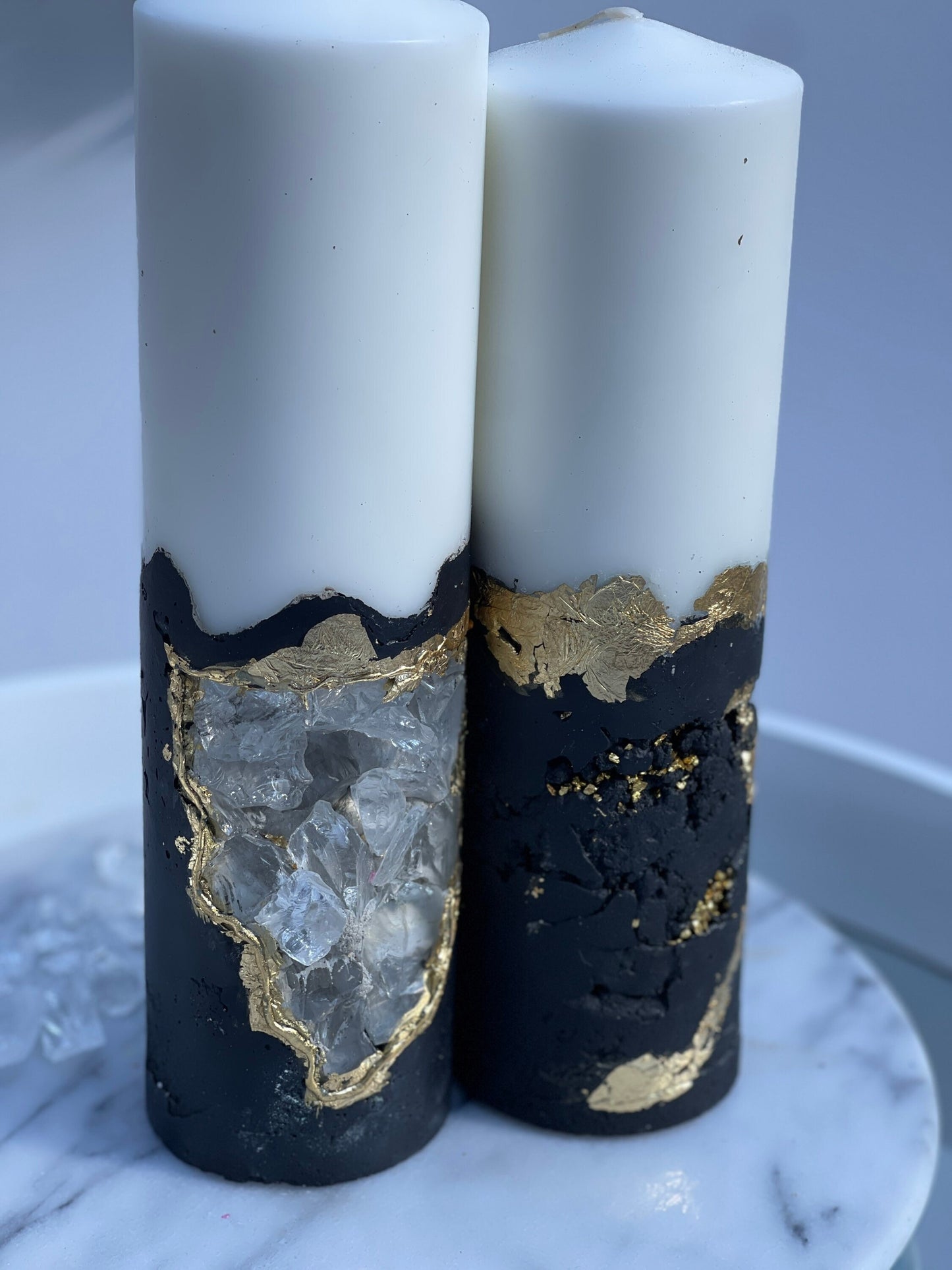 Luxury Crystal Black and Gold with Crystals Concrete Pillar Candles Set