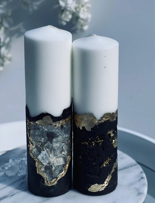 Luxury Crystal Black and Gold with Crystals Concrete Pillar Candles Set