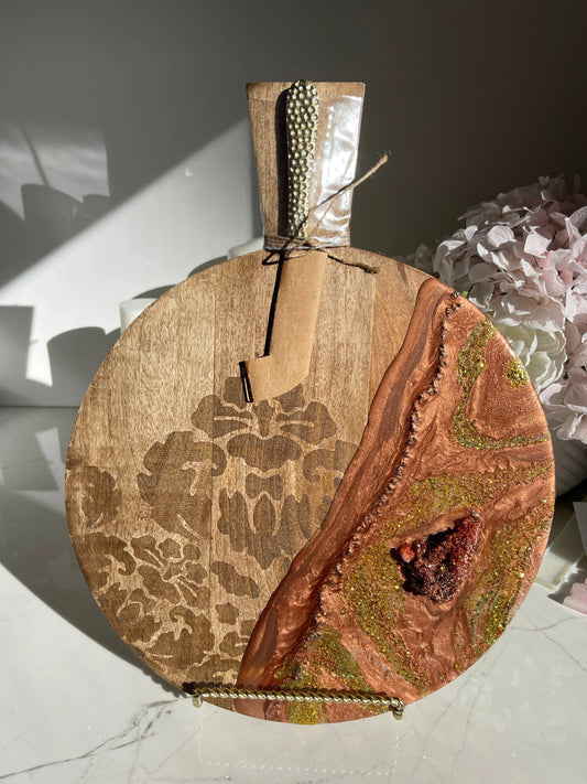 Round Copper Color Geode Design Cheeseboard with Knife