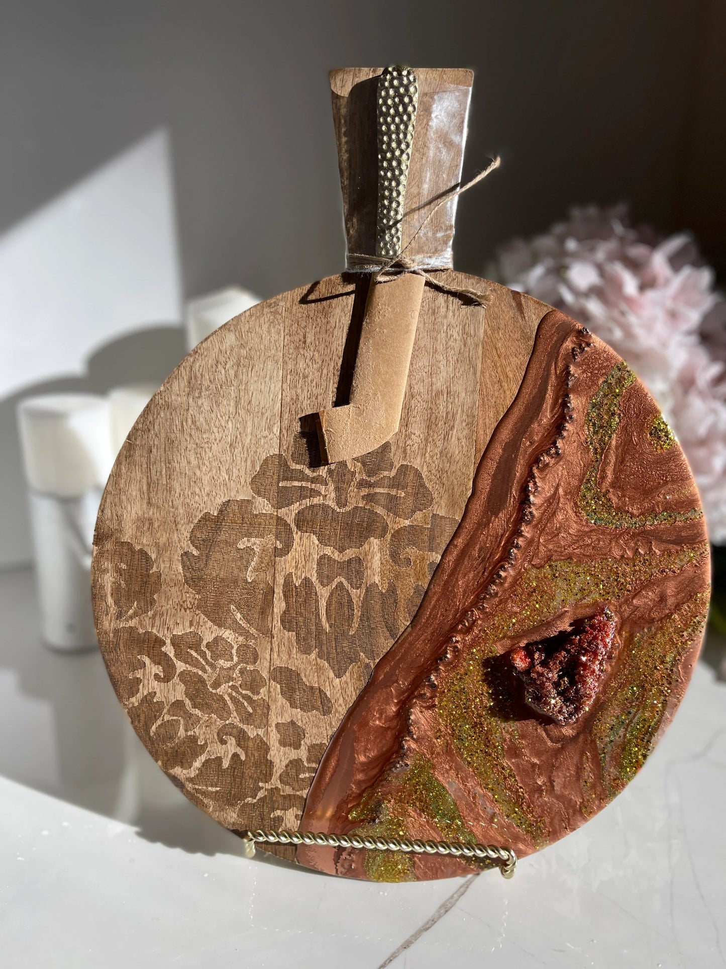 Round Copper Color Geode Design Cheeseboard with Knife