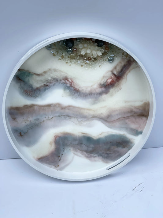 White 20-inch Decorative Tray With Stones And Glass