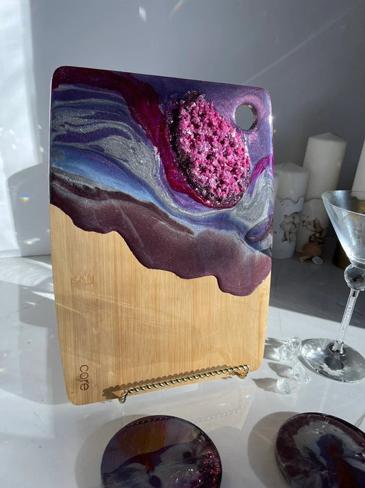 Purple Geode Design Cheeseboard Set with Two matching Round Coasters