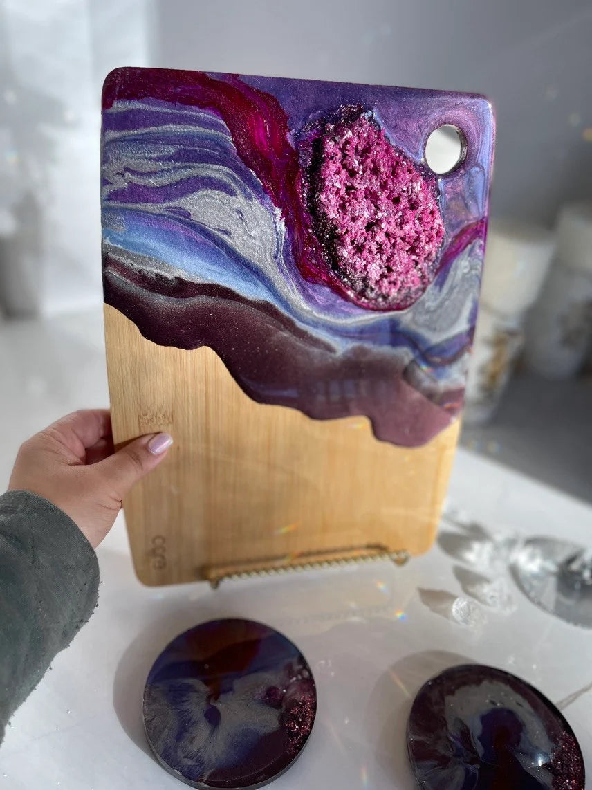 Purple Geode Design Cheeseboard Set with Two matching Round Coasters