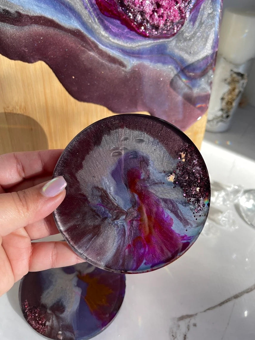 Purple Geode Design Cheeseboard Set with Two matching Round Coasters