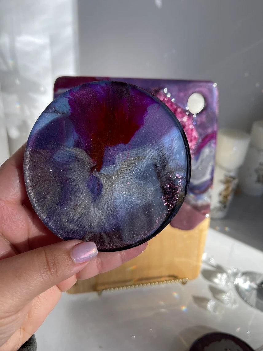 Purple Geode Design Cheeseboard Set with Two matching Round Coasters