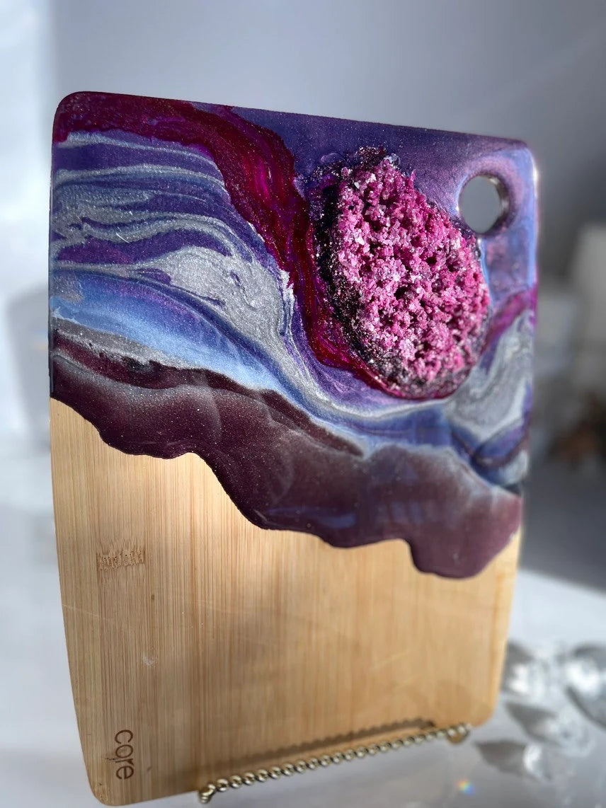 Purple Geode Design Cheeseboard Set with Two matching Round Coasters