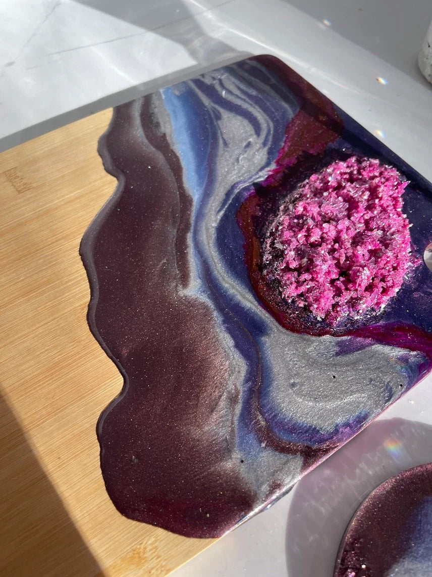 Purple Geode Design Cheeseboard Set with Two matching Round Coasters