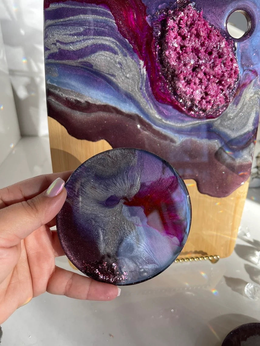 Purple Geode Design Cheeseboard Set with Two matching Round Coasters